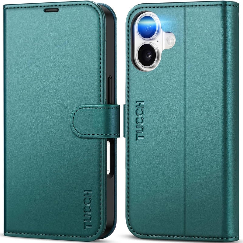 TUCCH Wallet Case for iPhone 17 (6.3") 2025, 4 Card Holders | RFID Blocking | Stand | Shockproof TPU Shell | PU Leather | Magnetic Closure | Protective Flip Folio Cover | Bluish Green - Image 1